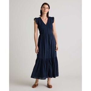Quince Navy Blue Organic Textured Cotton Smocked V-Neck Midi Dress